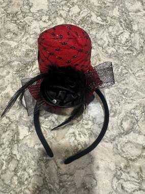 Christmas Tree Shops Red and Black Mini Top Hat Fascinator Headband with Veil an